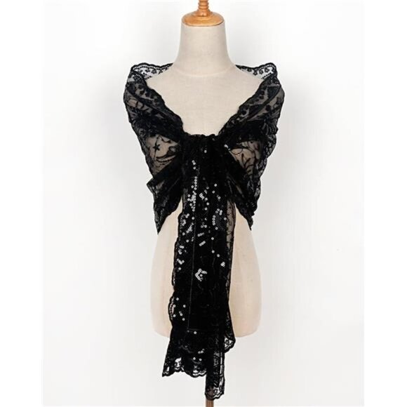 Boho‎ Black Moon & Star Sheer Mesh Sequin Embellished Shawl Wrap Scarf Formal - Picture 5 of 7